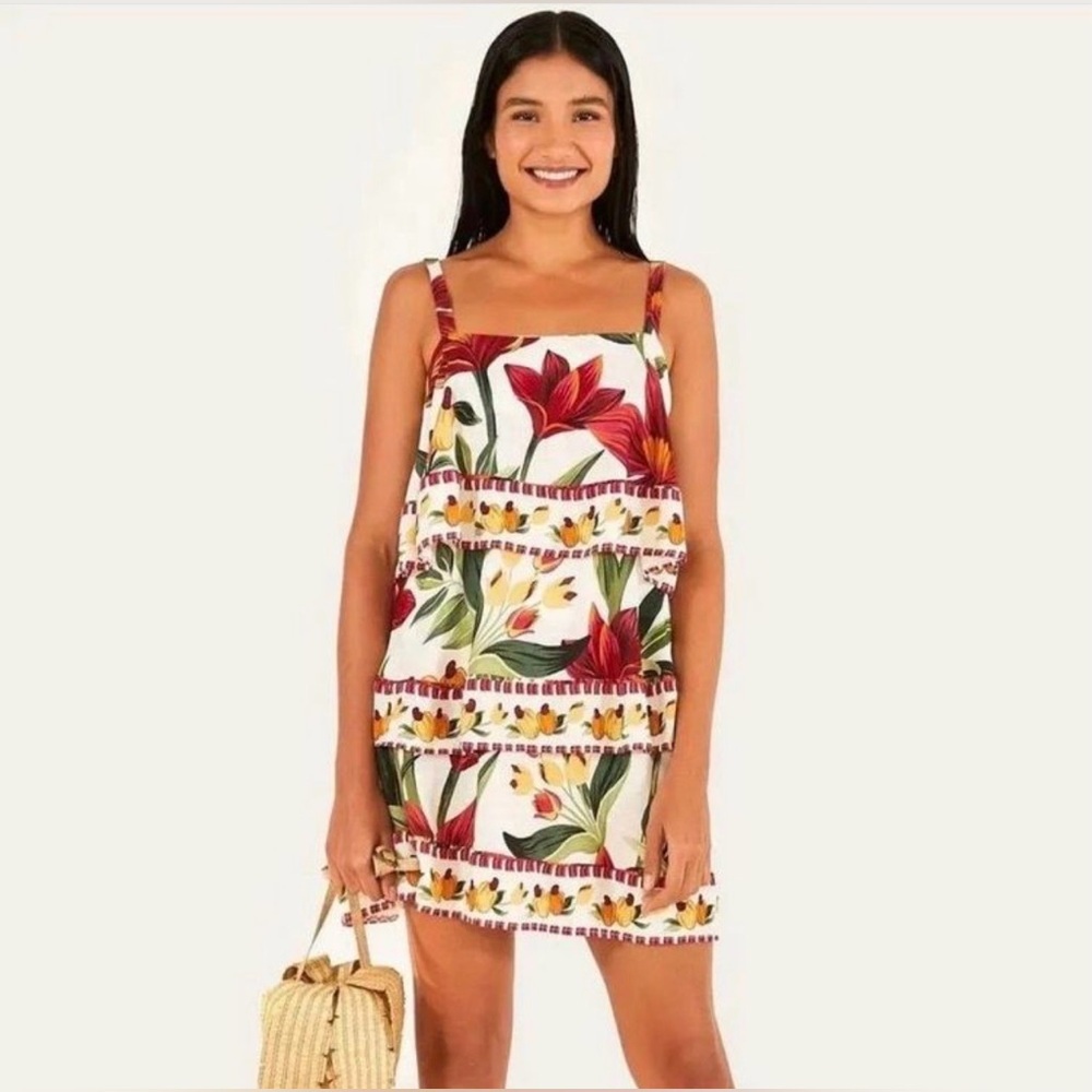 Farm Rio Floral Tiered Dress Mini Fall Pumpkin Boho Layered Rare One of a Kind - Picture 9 of 16